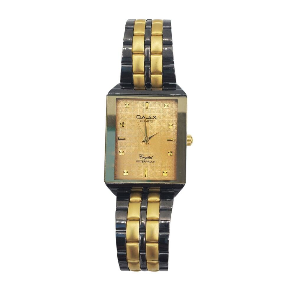 OMAX Womens Black and Gold Rectangle Analog Stainless Steel Watch EUC with Box